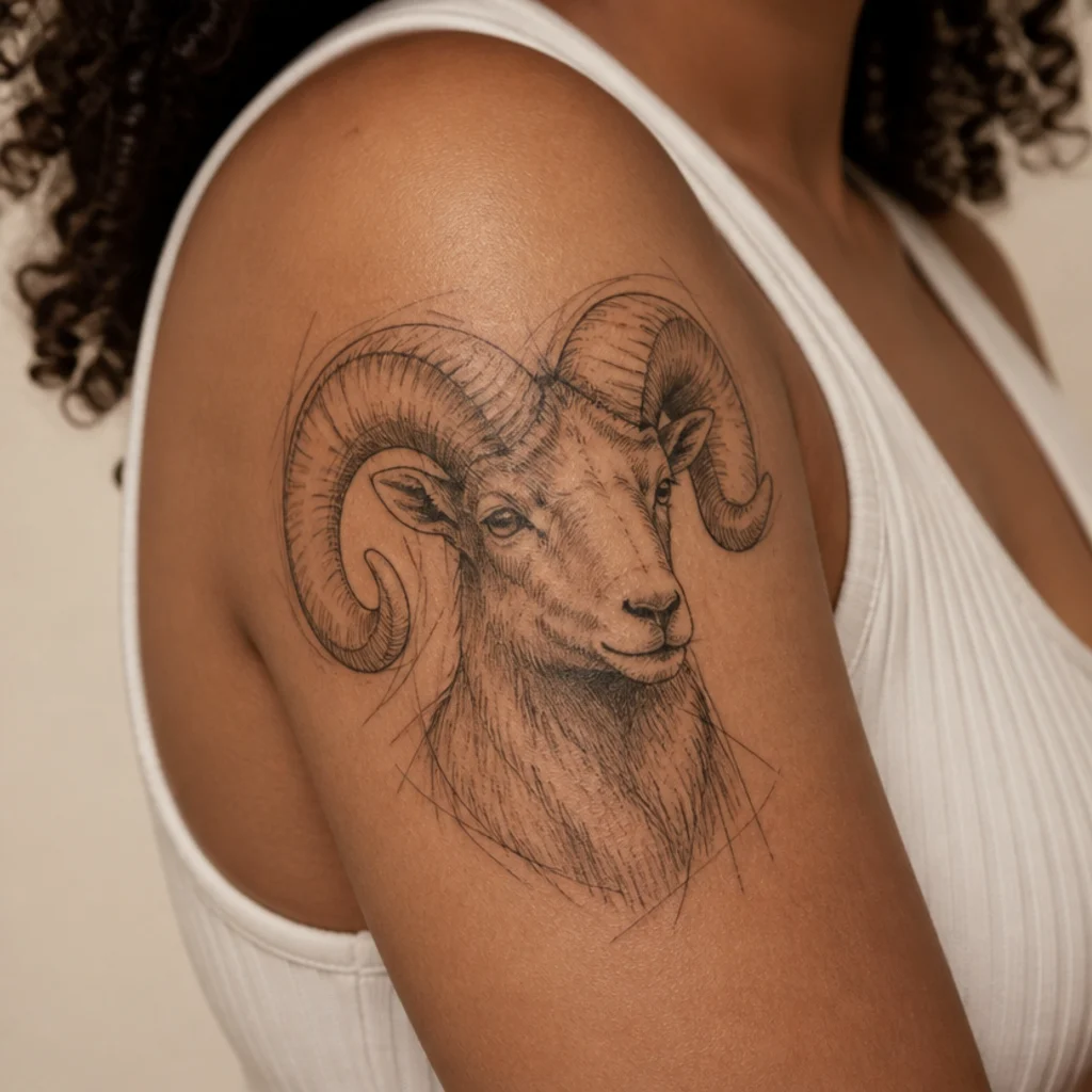 Sketch-style Aries ram tattoo with loose crosshatched pencil lines on the upper arm