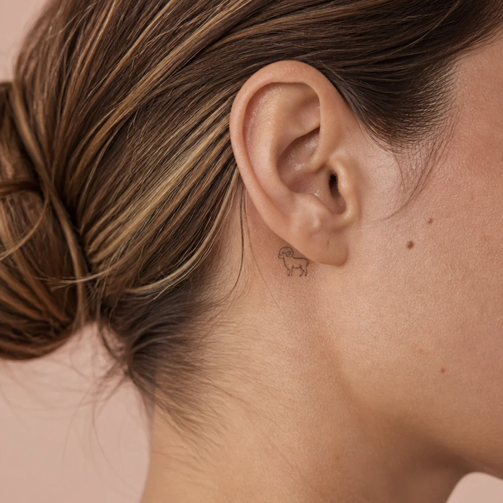 Tiny micro Aries ram tattoo tucked behind the ear in delicate black linework