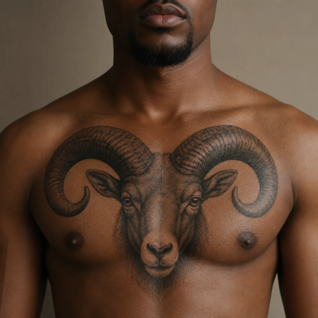 Symmetrical chest tattoo of an Aries ram with wide spread horns across the pectorals