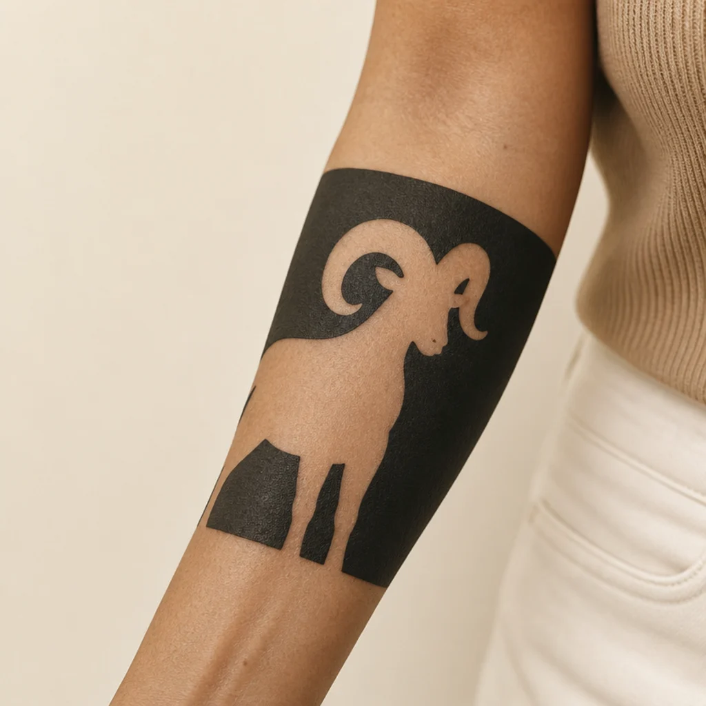 Negative-space Aries ram silhouette tattoo formed by surrounding black ink on the arm