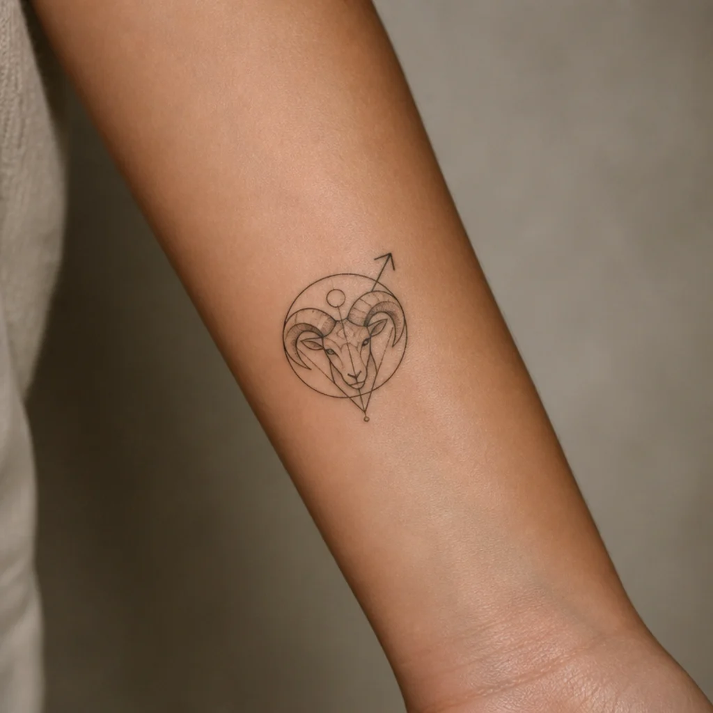 Aries ram tattoo fused with the Mars planetary symbol in geometric linework on forearm