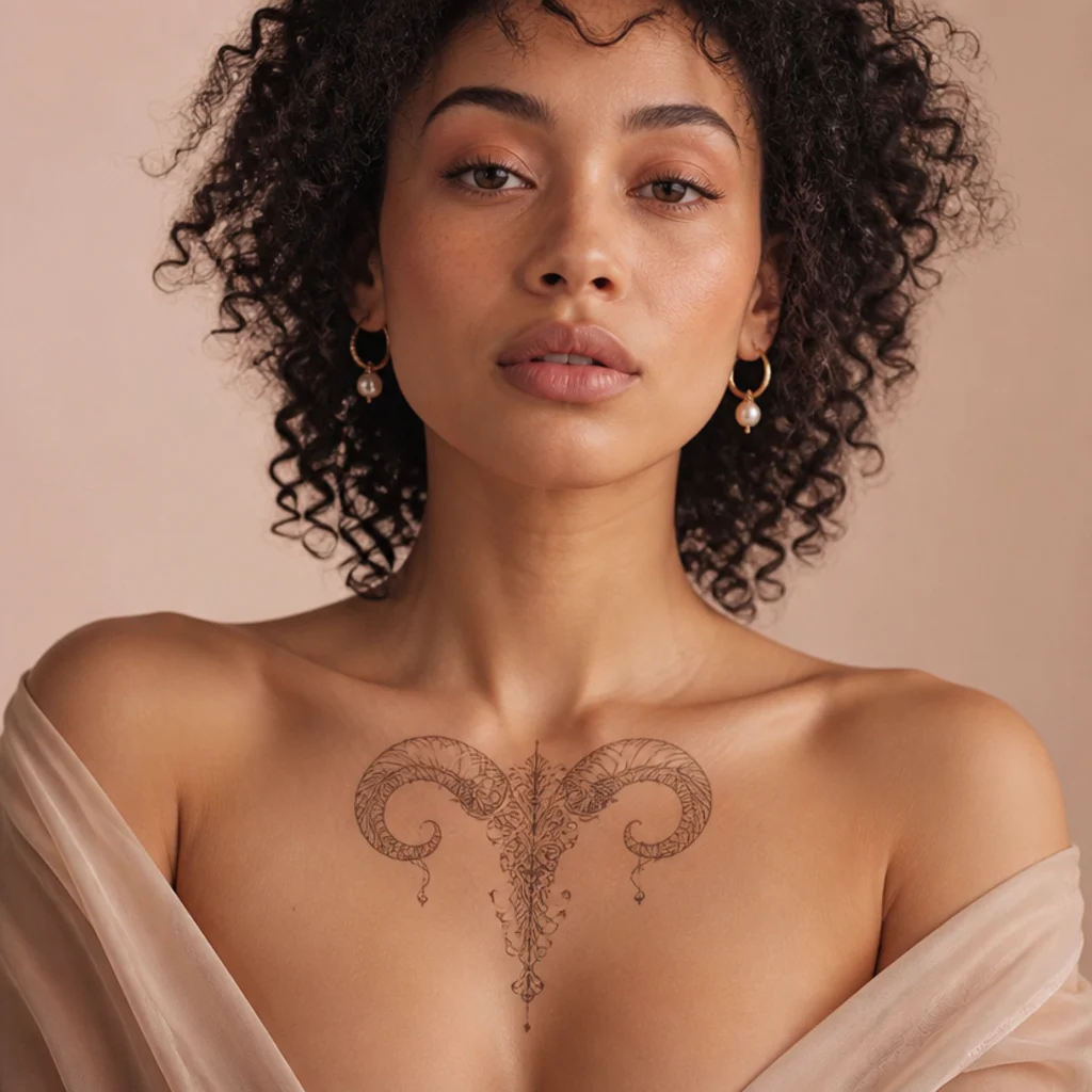 Ornamental Aries tattoo of curled ram horns with filigree scrollwork on the sternum