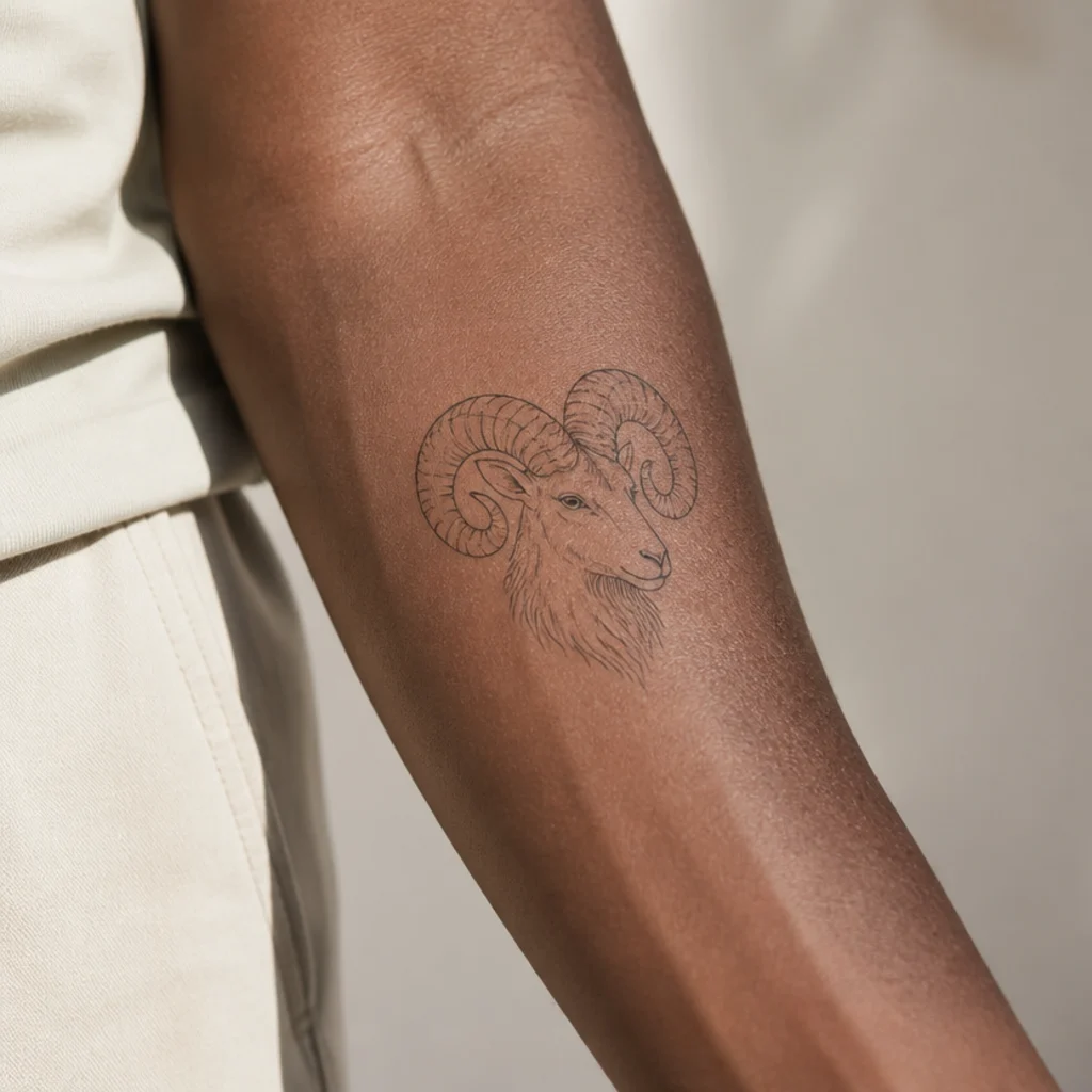 Fine-line Aries ram tattoo curling across a man's forearm in warm studio light