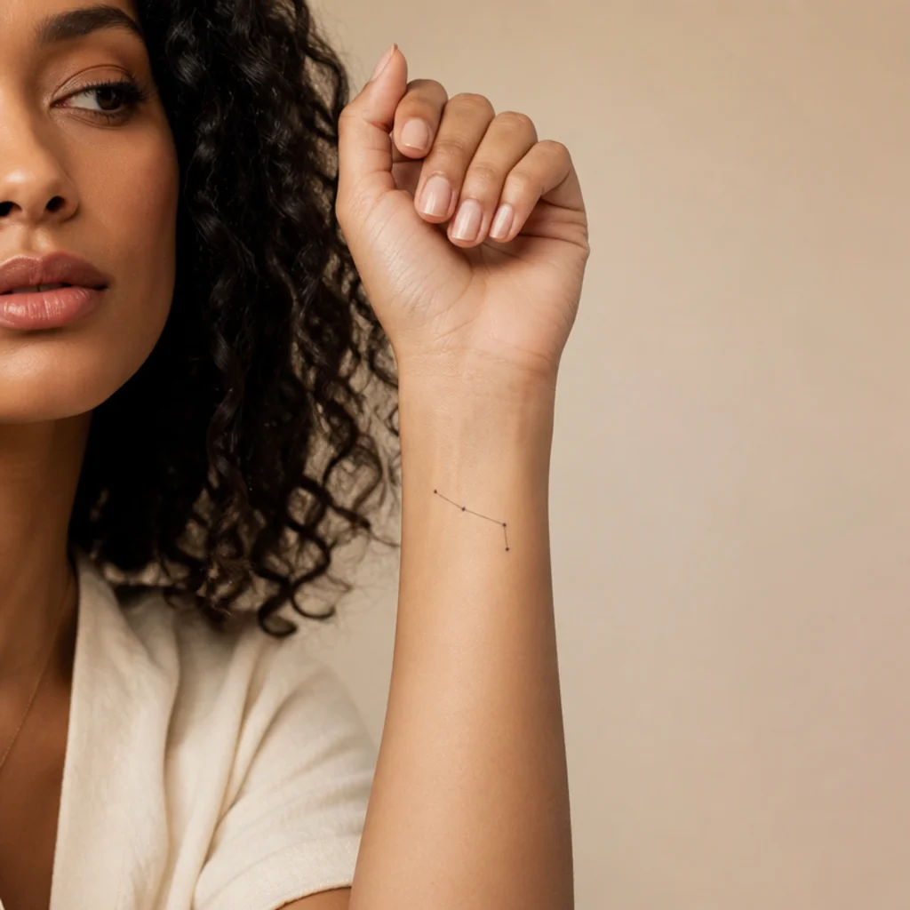 Thin single-needle Aries constellation with graduated dot stars and a brighter Hamal point mapped across a woman's inner forearm