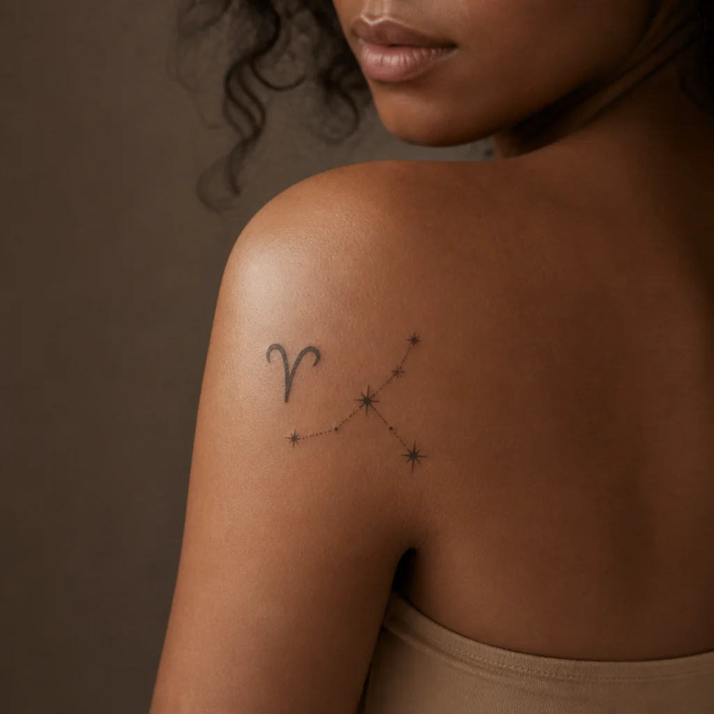 Aries ram-horn glyph in heavier line weight beside a fine star line on a shoulder in warm studio light