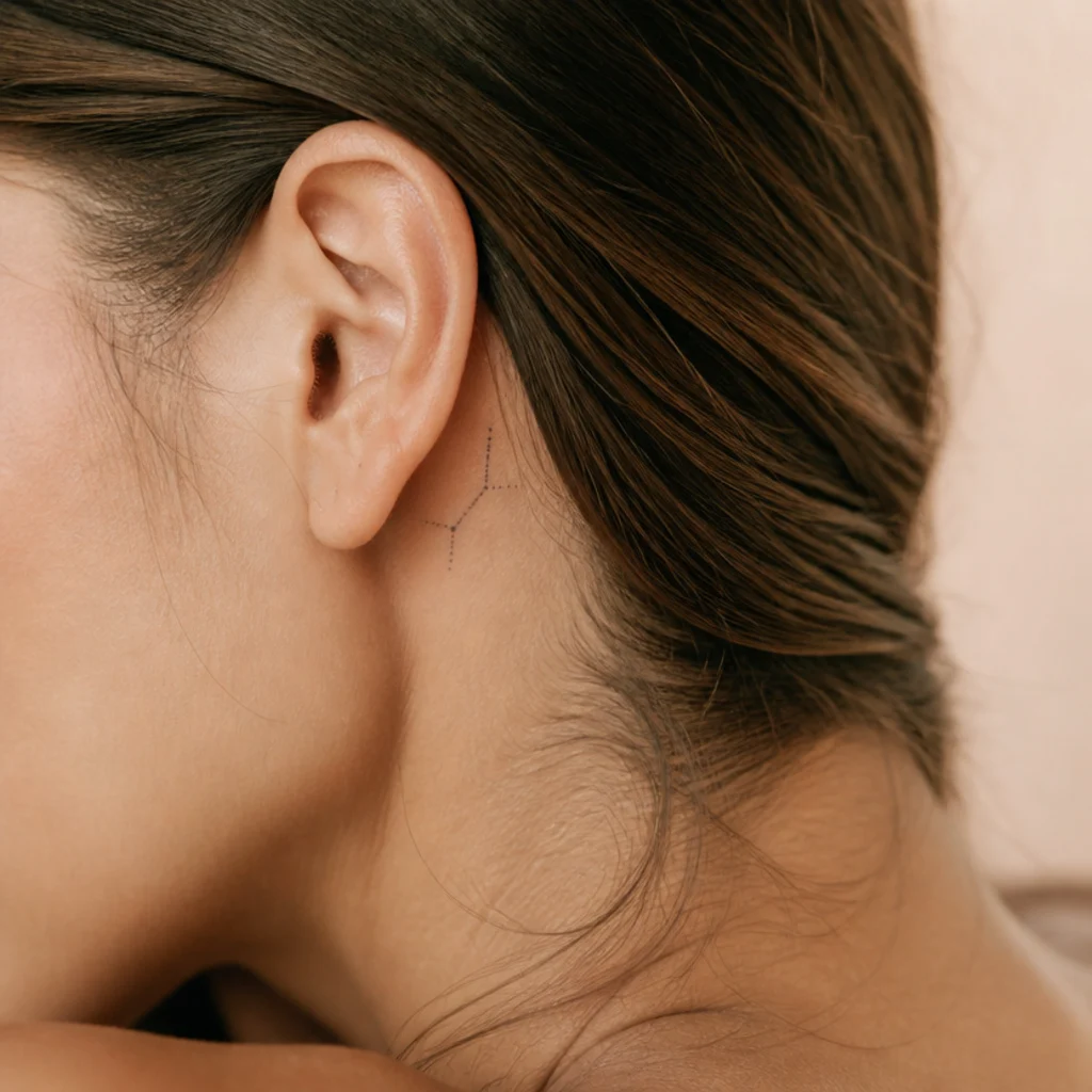 Tiny three-star Aries constellation tucked behind a woman's ear with soft brown hair swept aside