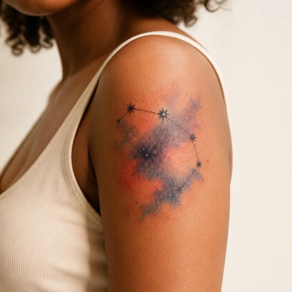 Aries constellation with a black line-work skeleton floating over a soft watercolor nebula wash in coral and violet on an upper arm