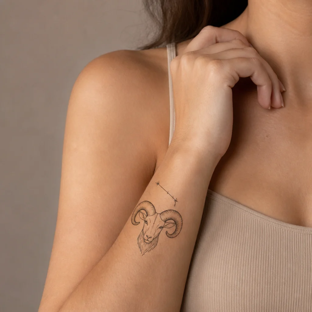 Curved-horn ram silhouette in solid fill paired with a fine Aries constellation on a forearm