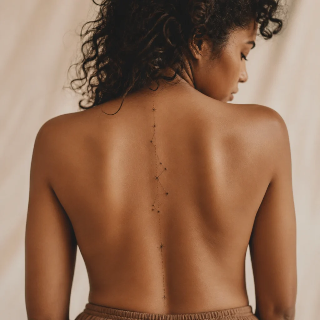 Vertical Aries constellation running down the center of a woman's spine in fine dotwork with generous spacing