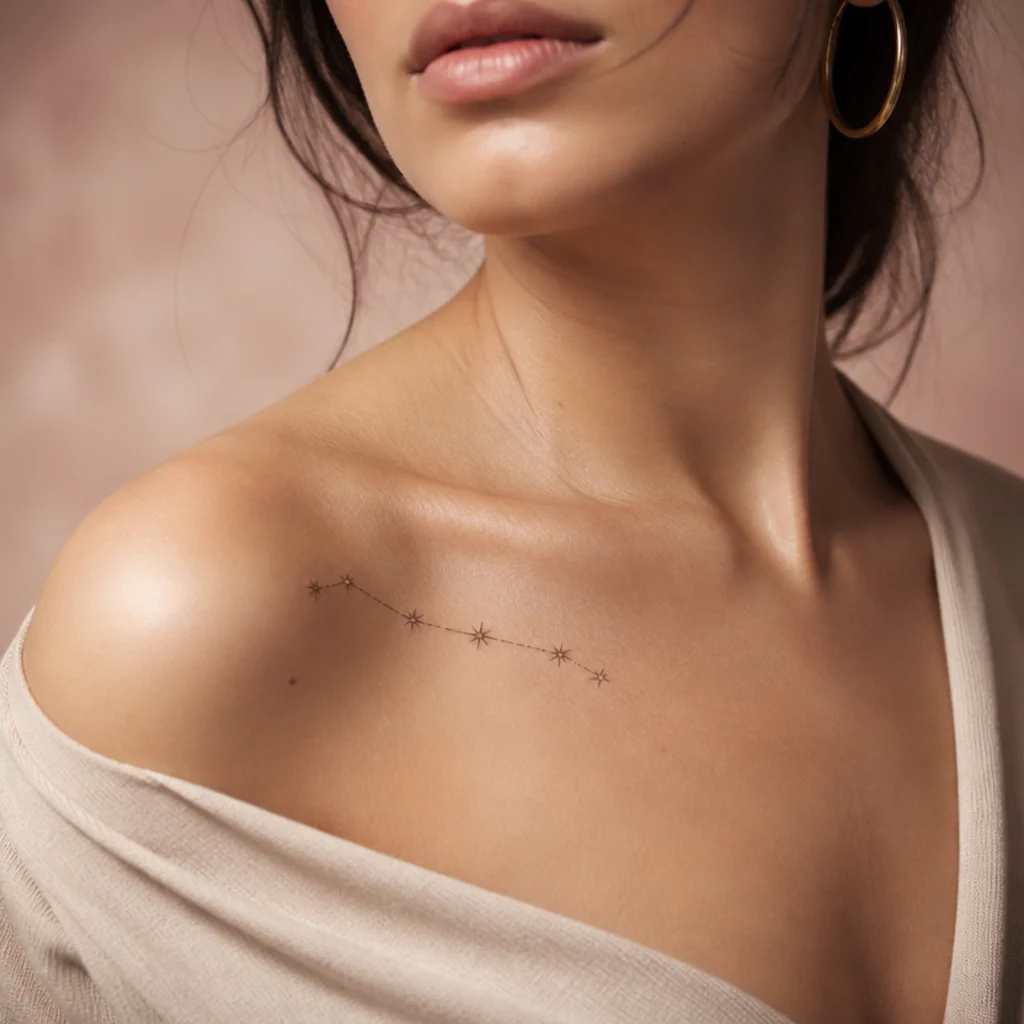 Aries constellation tracing along a woman's collarbone with the brightest star centered over the décolletage