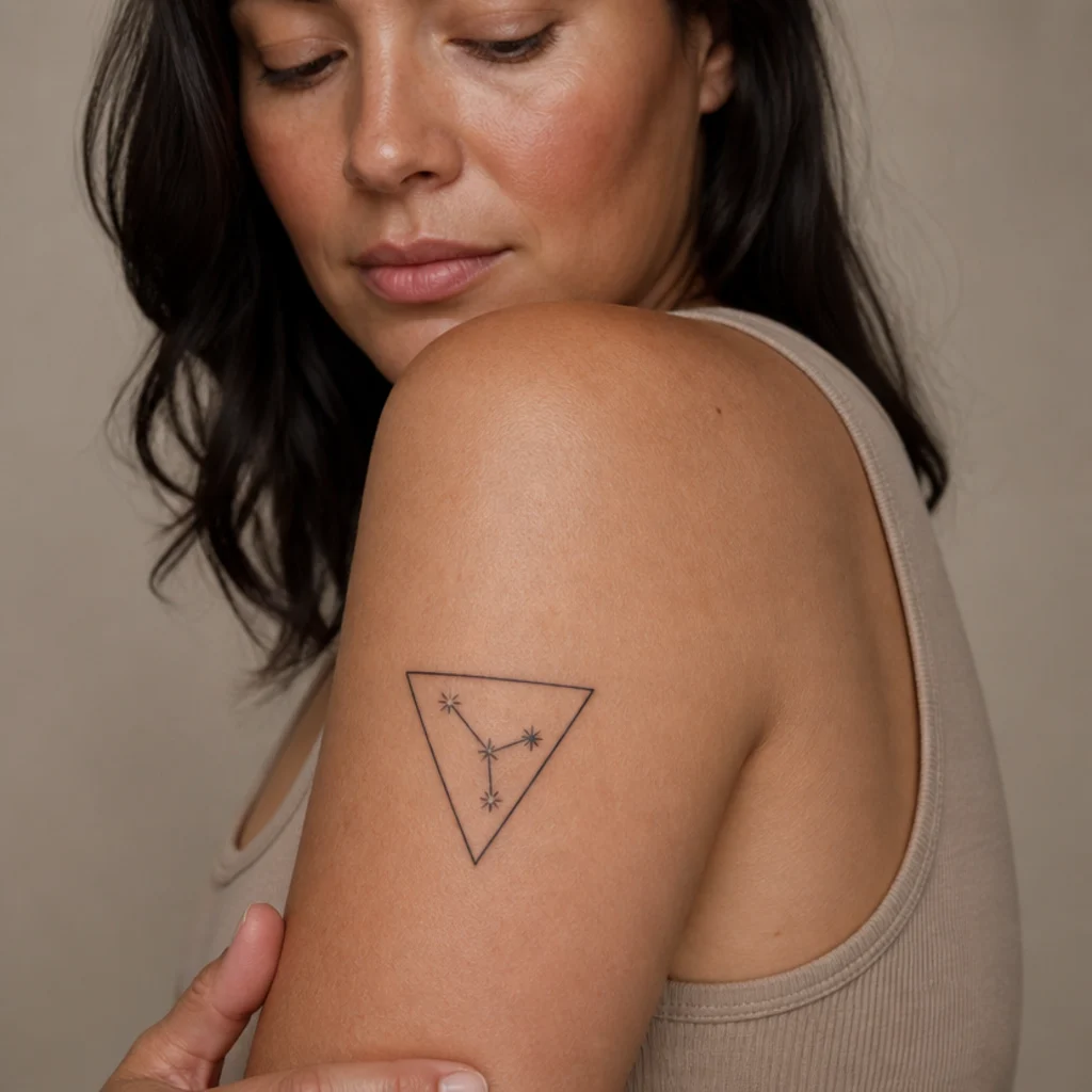 Bold blackwork Aries constellation floated inside a solid geometric triangle with no touching lines on an upper arm