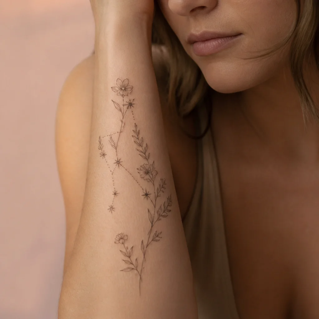 Aries constellation woven through fine-line April daisies and greenery with clear space around each star on a forearm