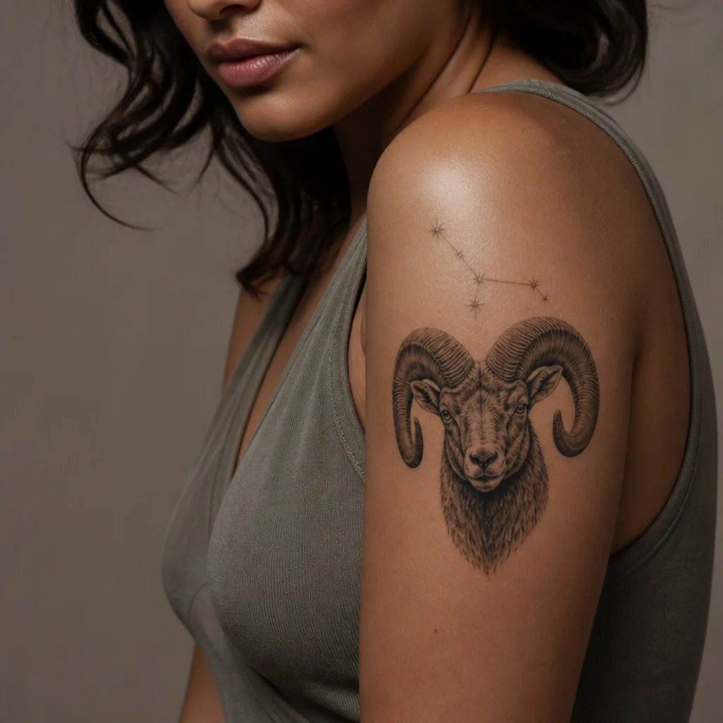 Detailed black-and-grey shaded ram head with textured fur and dimensional spiral horns above a fine Aries star line on a bicep