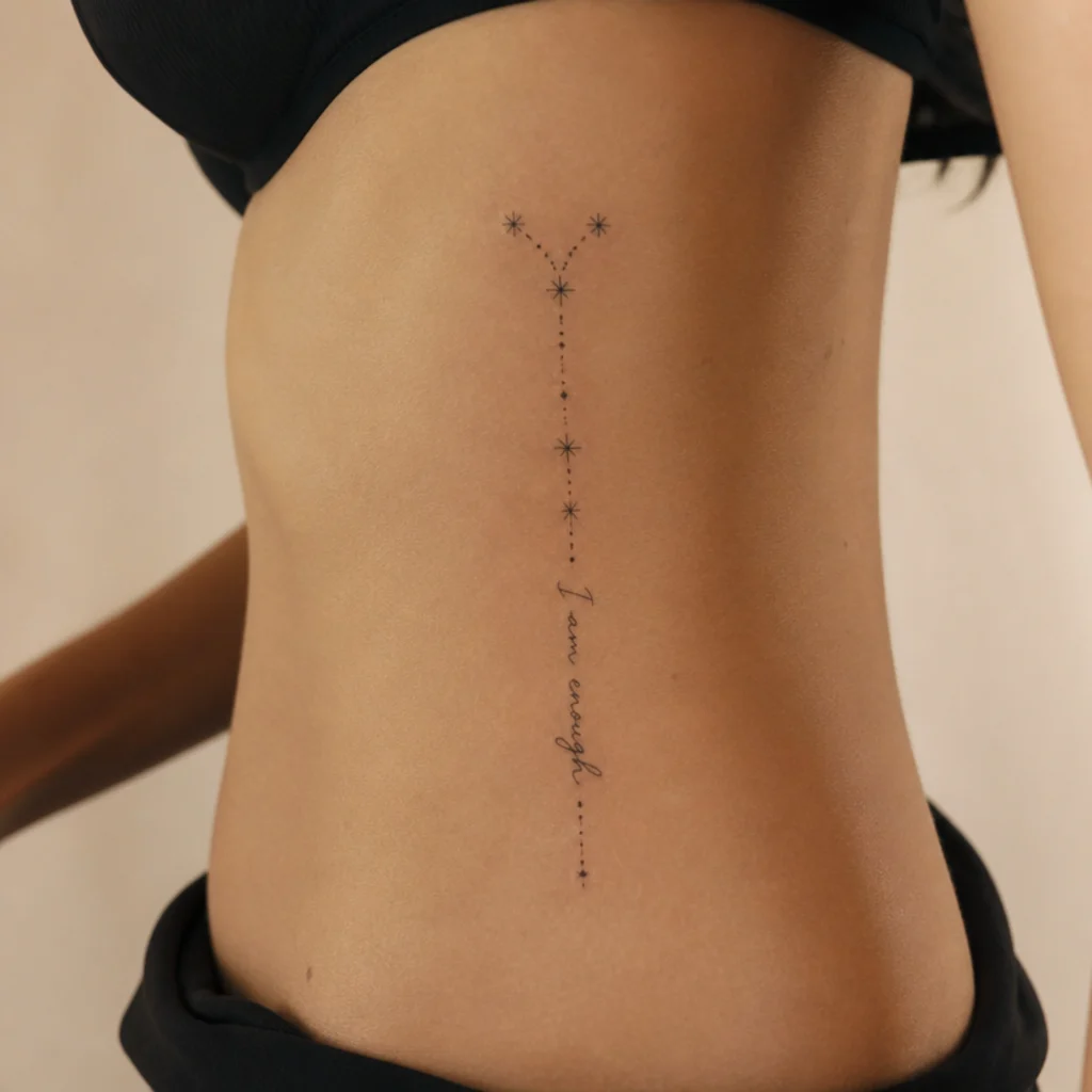 Aries constellation with small cursive script running vertically along a woman's rib cage in fine line