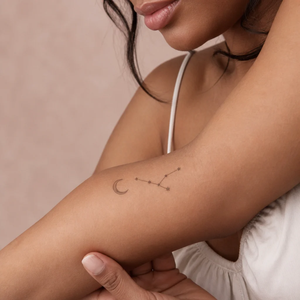 Crescent moon with soft stippled shading beside a fine Aries constellation on a woman's inner arm