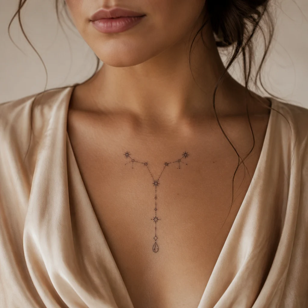 Aries constellation centered on the sternum hanging like a pendant with a small ornamental gem detail at the base