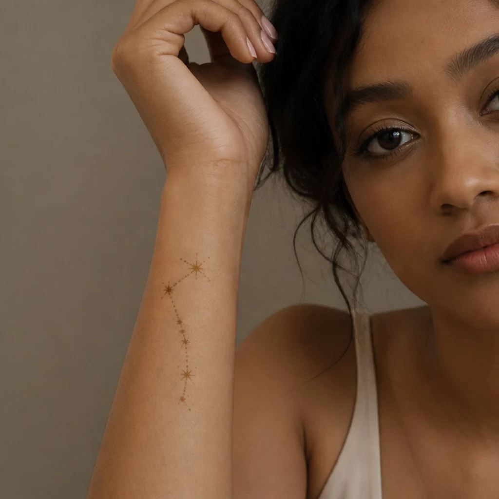 Aries constellation built entirely from warm golden-ochre stippled dots with no solid lines on a forearm