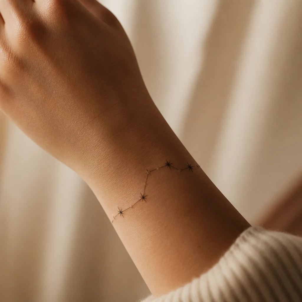 Aries constellation wrapping the wrist like a fine bracelet with evenly spaced connected stars on the outer wrist