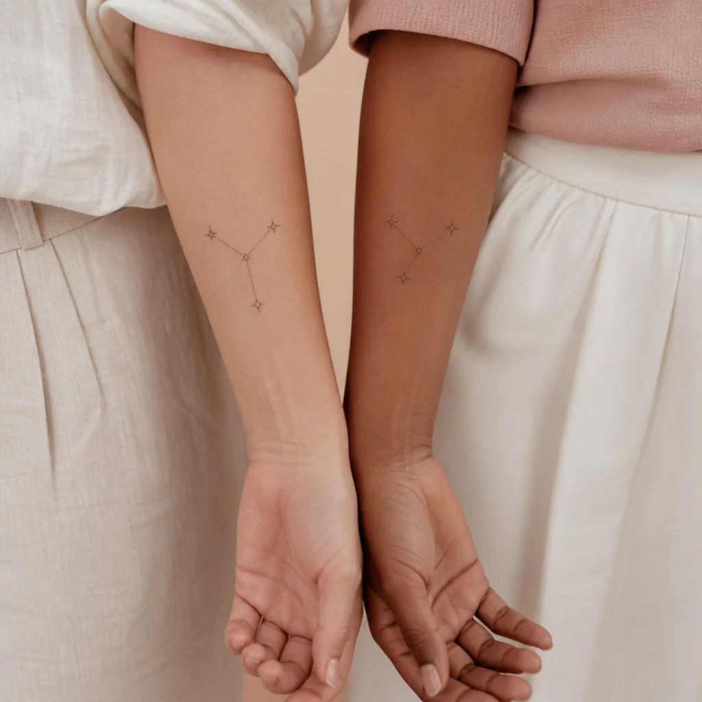 Two matching fine-line Aries constellations on two forearms held side by side to complete one star map