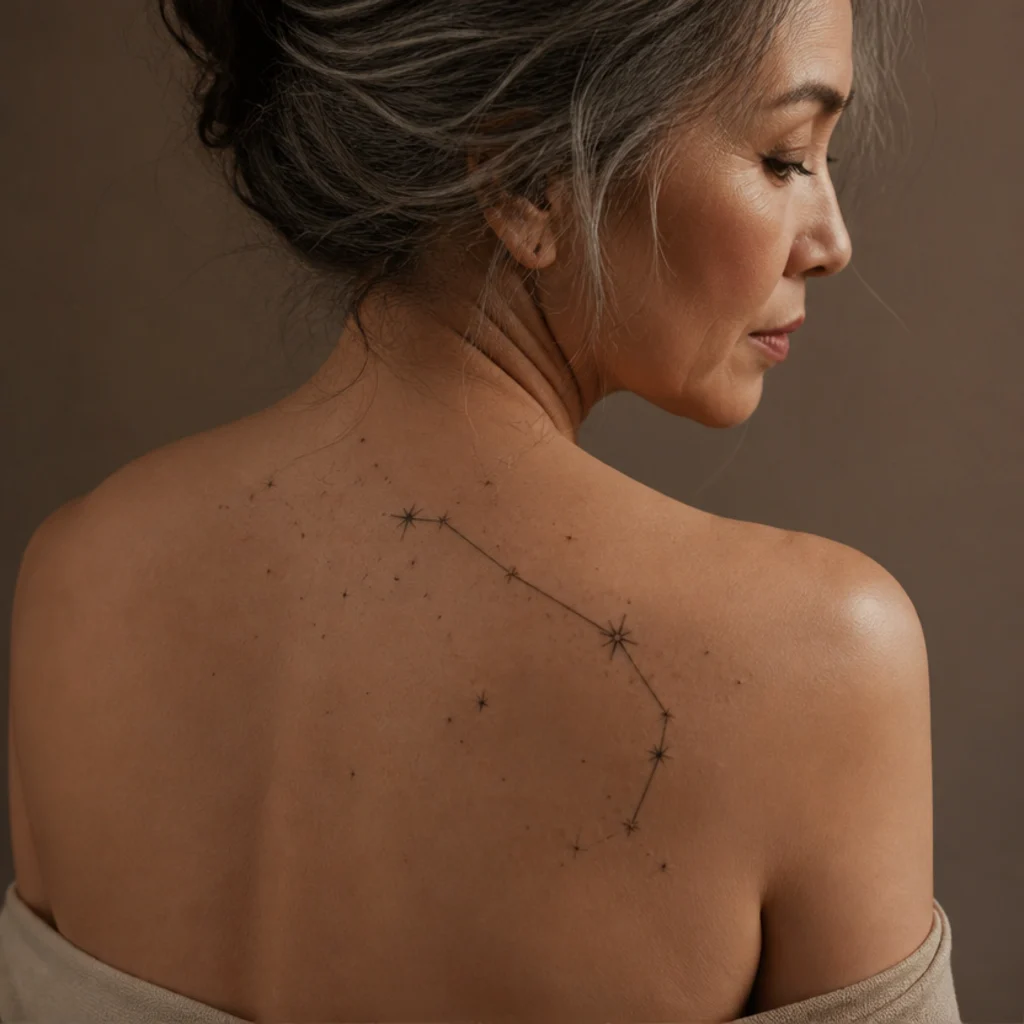 Large softly-shaded Aries constellation as a crisp hero line surrounded by faint receding background stars across a woman's shoulder blade