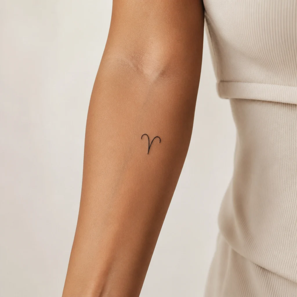 Small fine-line Aries glyph tattoo shaped like stylized ram horns on the inner forearm, single-weight black ink on a medium skin tone