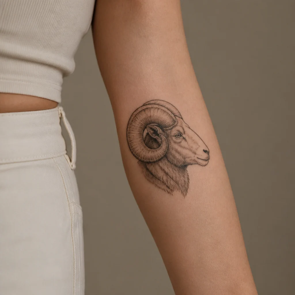 Side-profile ram head tattoo with curled horns in clean black linework on the outer forearm, healed adult skin