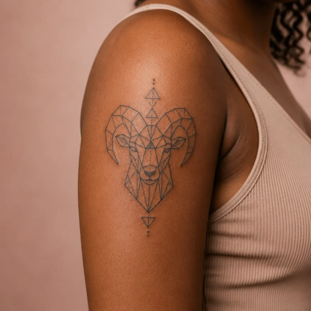 Geometric ram head tattoo built from thin lines and small triangles on the upper arm in black ink