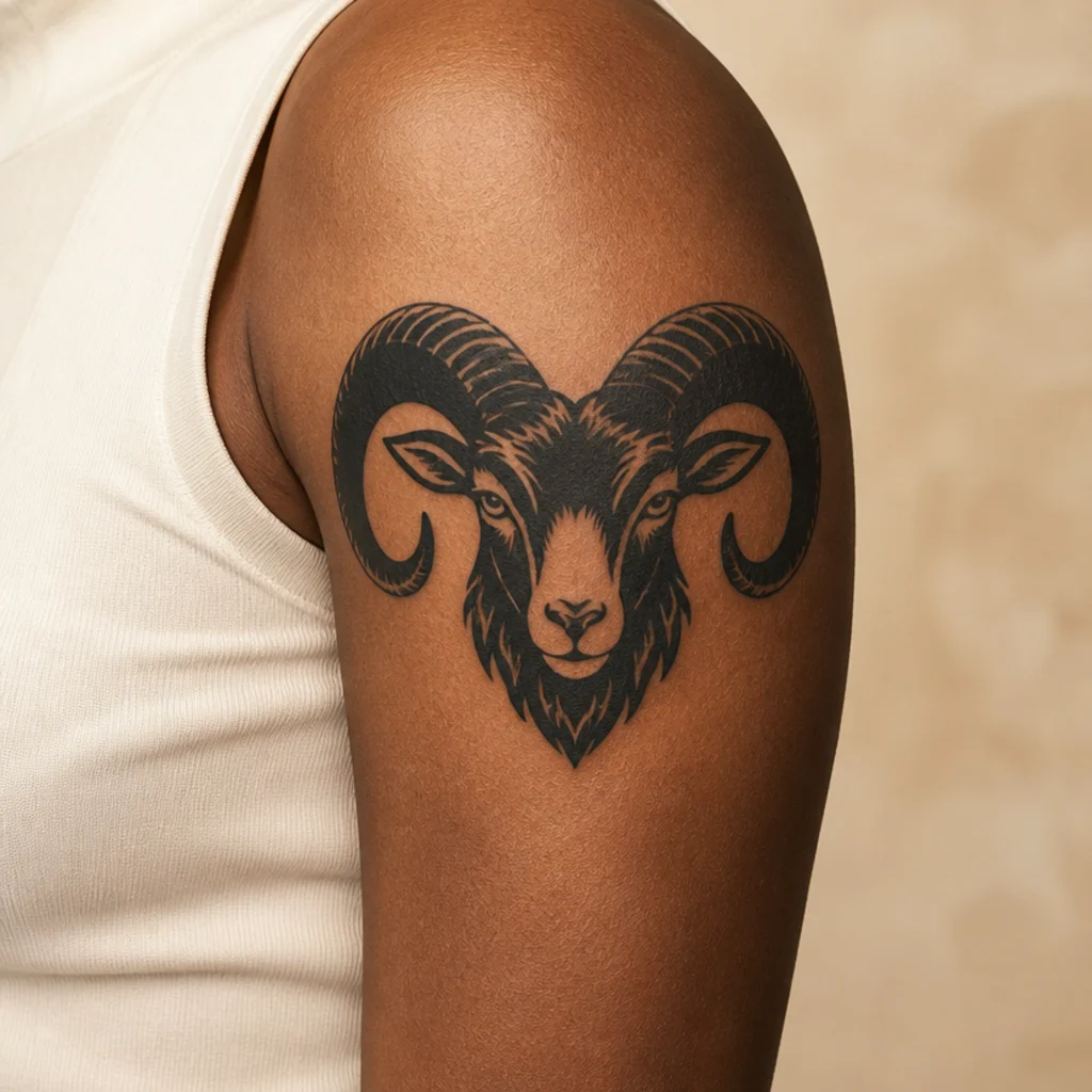 Heavy blackwork ram head tattoo with strong contrast and negative space on the outer bicep, deep black fill on medium-dark skin