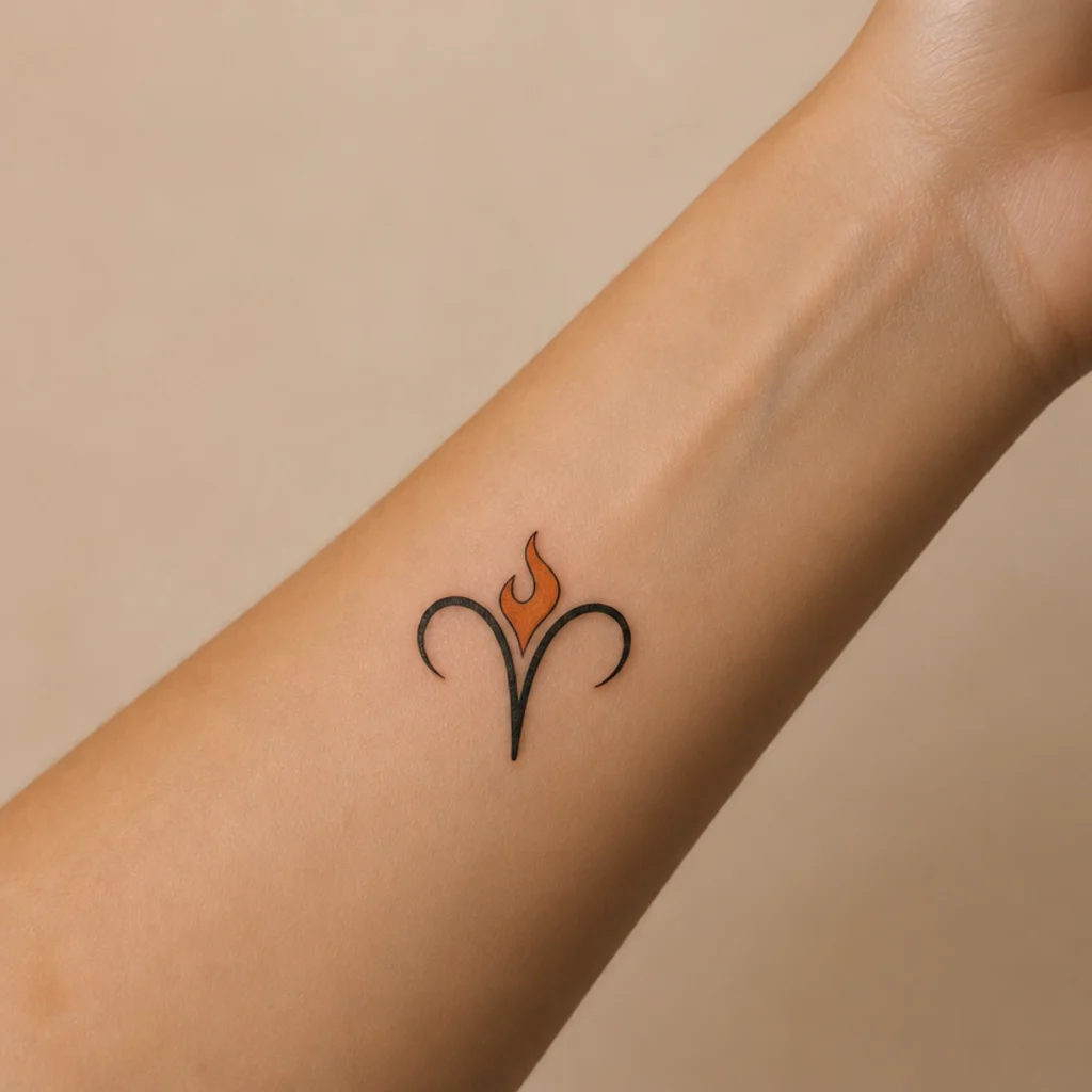 Aries symbol merged with a small stylized flame tattoo on the inner forearm in black with a warm orange gradient