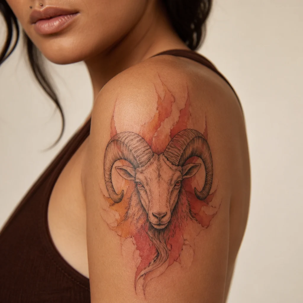 Ram head tattoo with soft watercolor flames in red and amber washes behind crisp black linework on the shoulder
