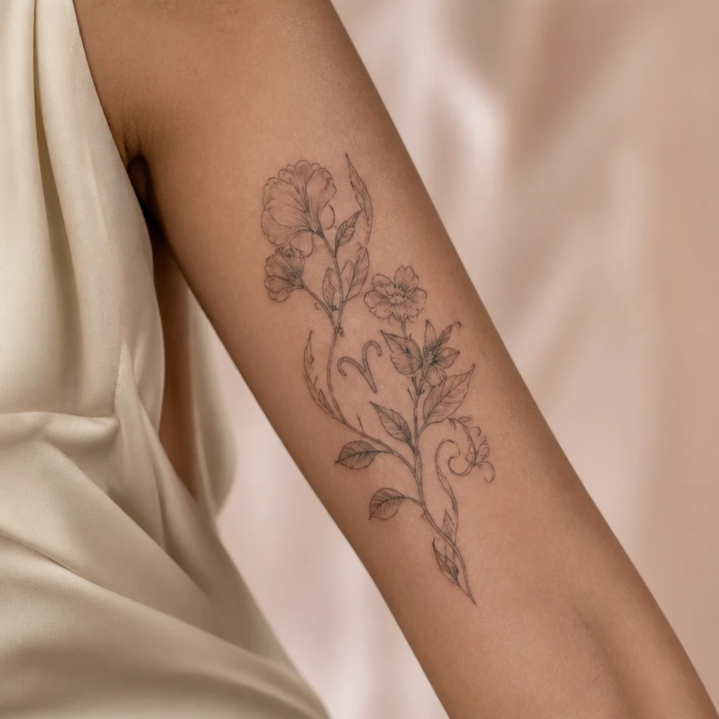 Aries glyph surrounded by sweet pea and honeysuckle blooms in fine-line botanical tattoo on the forearm