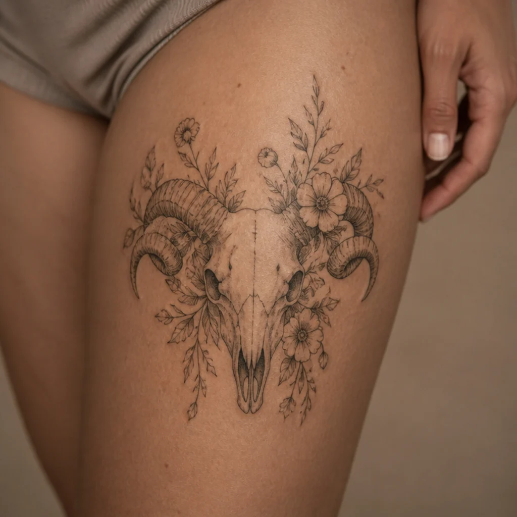 Ram skull tattoo with curling horns wrapped in wildflowers and leaves, black linework with light gray shading on the thigh