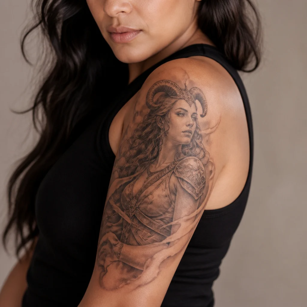 Aries goddess tattoo of a warrior woman with subtle ram horns and flowing hair in illustrative black and gray on the upper arm