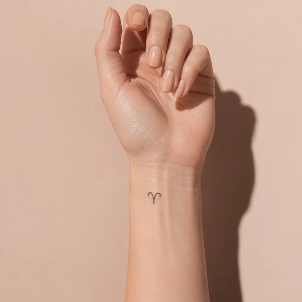 Delicate Aries glyph tattoo on the inner wrist in thin black line, small scale on a light skin tone