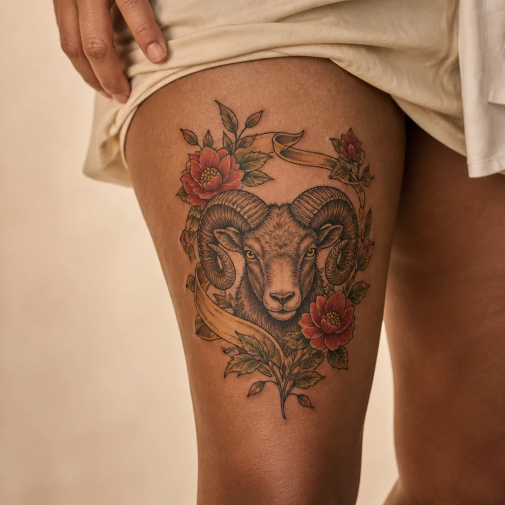 Neo-traditional ram tattoo with bold outlines, warm saturated color, and decorative framing on the outer thigh