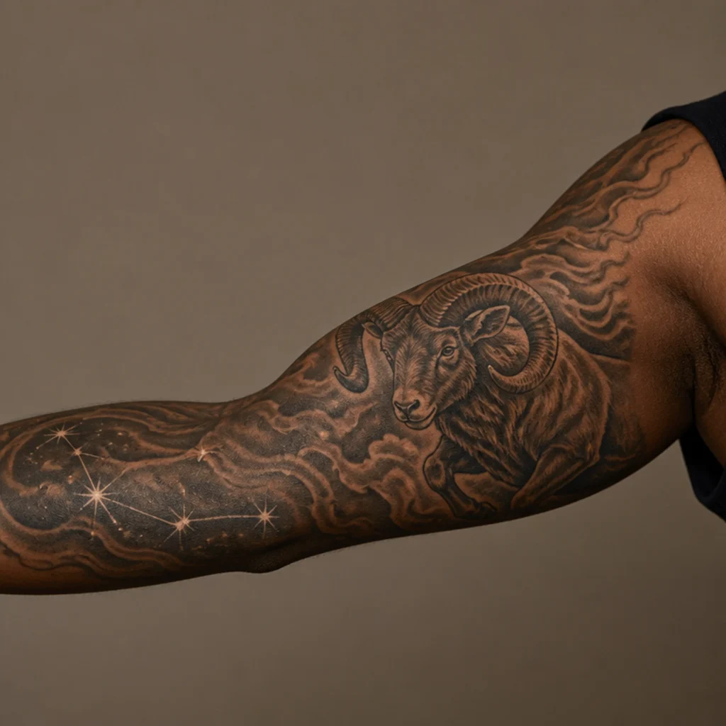 Aries themed half sleeve tattoo blending a ram, flames, and constellation in black and gray across the forearm and bicep
