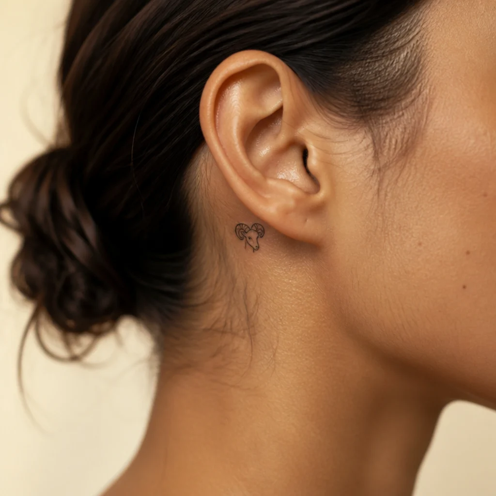 Tiny ram head tattoo behind the ear in fine black line, small and discreet on a medium skin tone