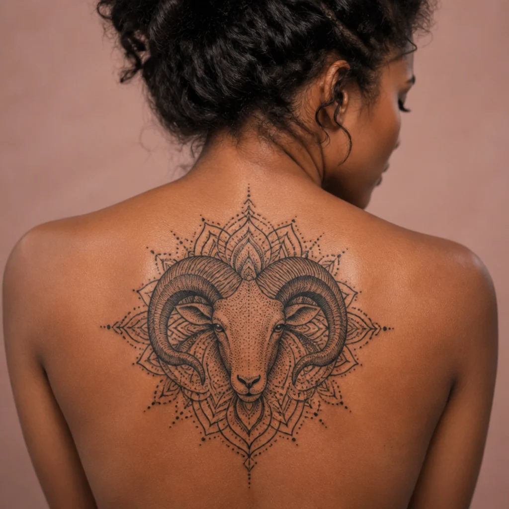 Ram head centered in a symmetrical dotwork mandala tattoo on the upper back in black stippling