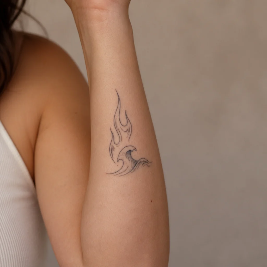 Tattoo blending stylized Aries flames with a small curling wave in black linework on the inner forearm