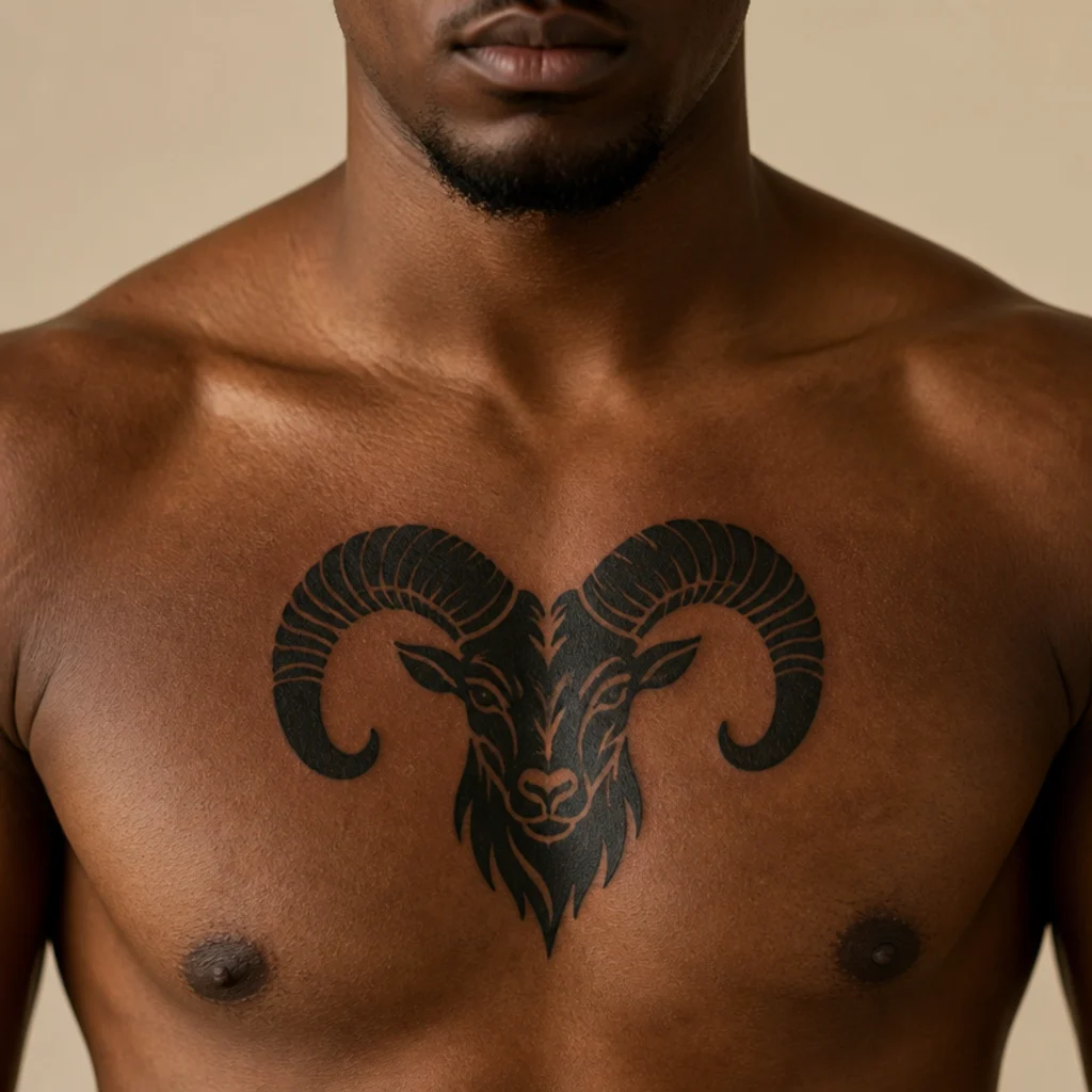 Bold ram silhouette tattoo centered on the chest in solid black with clean negative space on medium-dark skin