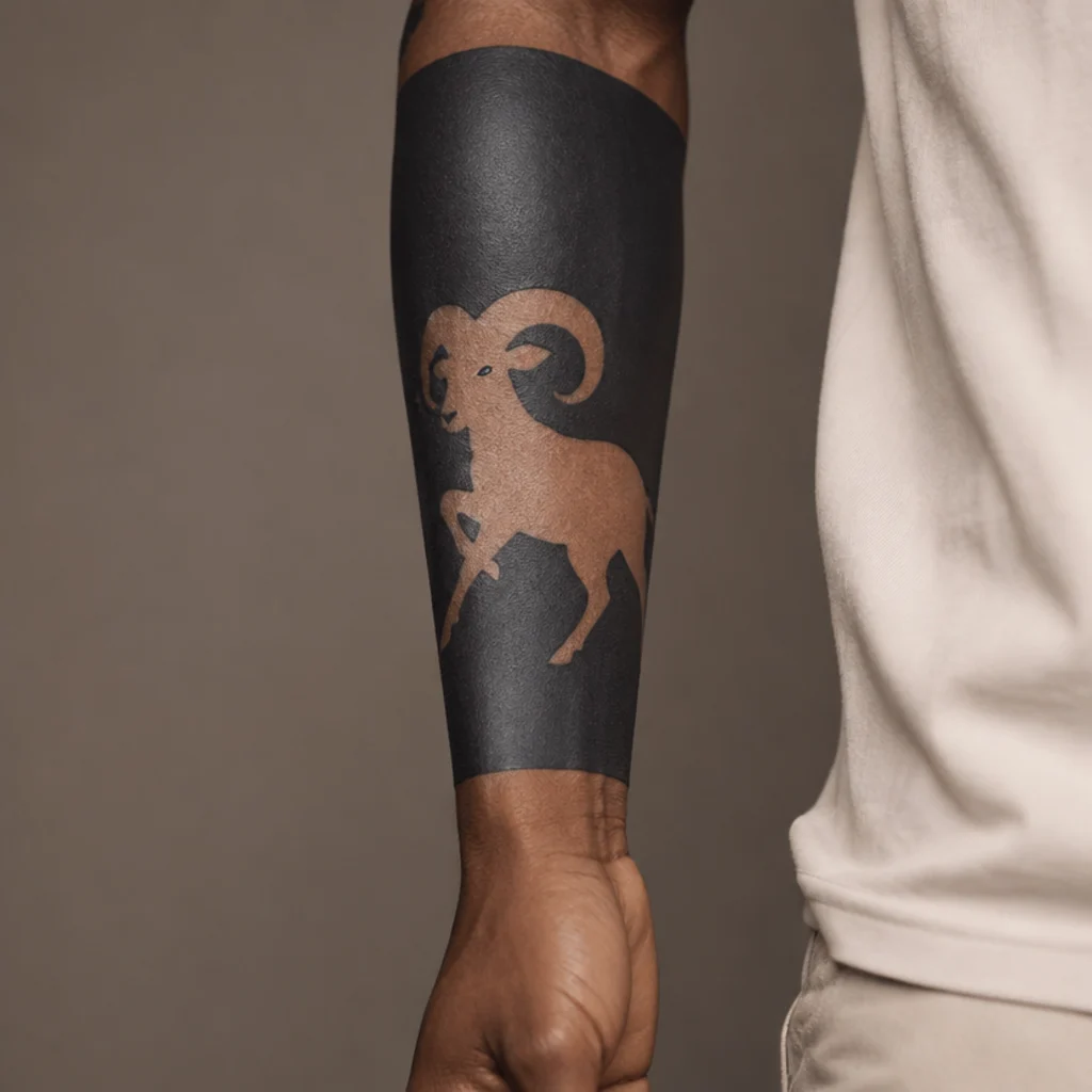 Ram shape revealed in negative space within a solid blackout panel tattoo on the outer forearm