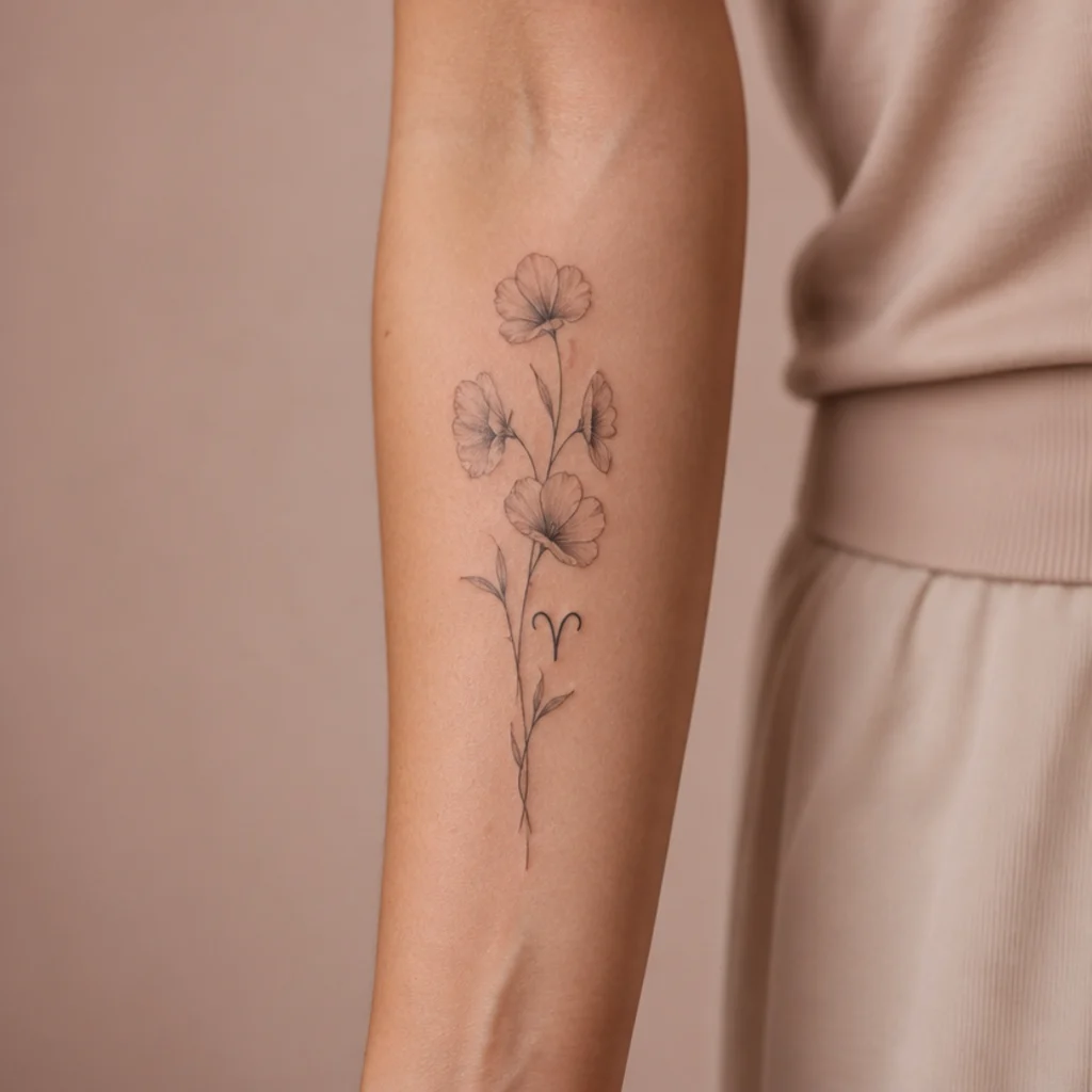 Sweet pea flowers with a small Aries glyph in fine-line botanical tattoo on the inner forearm, soft gray shading
