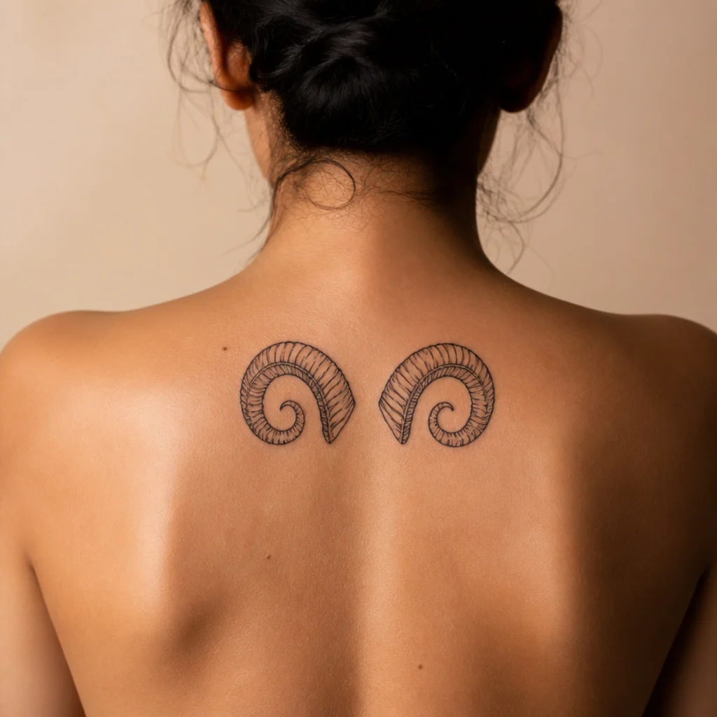 Pair of curled ram horns tattoo without a face, symmetrical black linework across the upper spine