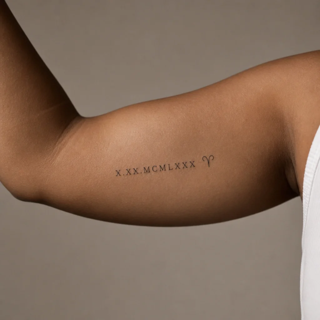 Birthdate in Roman numerals paired with a small Aries glyph in fine black line on the inner bicep