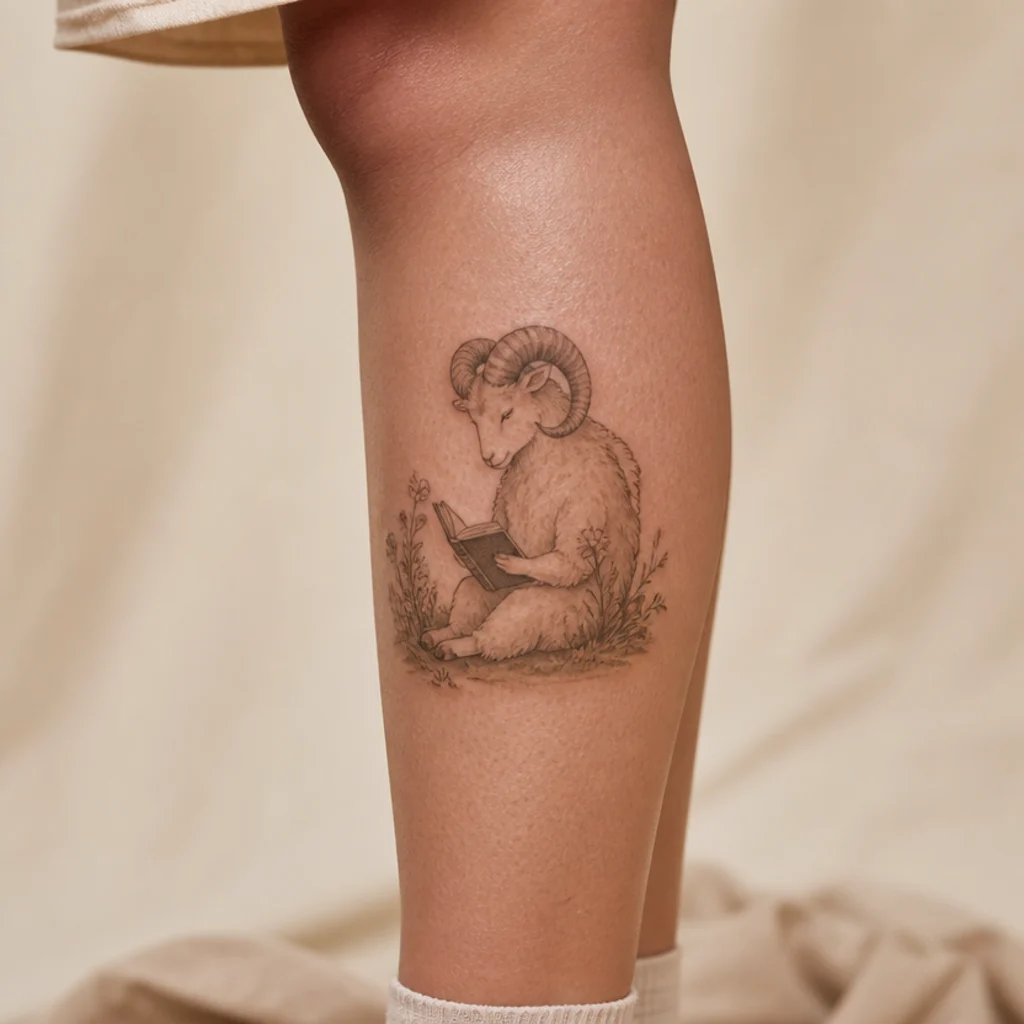 Whimsical illustrated ram tattoo with soft linework and gentle gray shading, storybook style on the calf