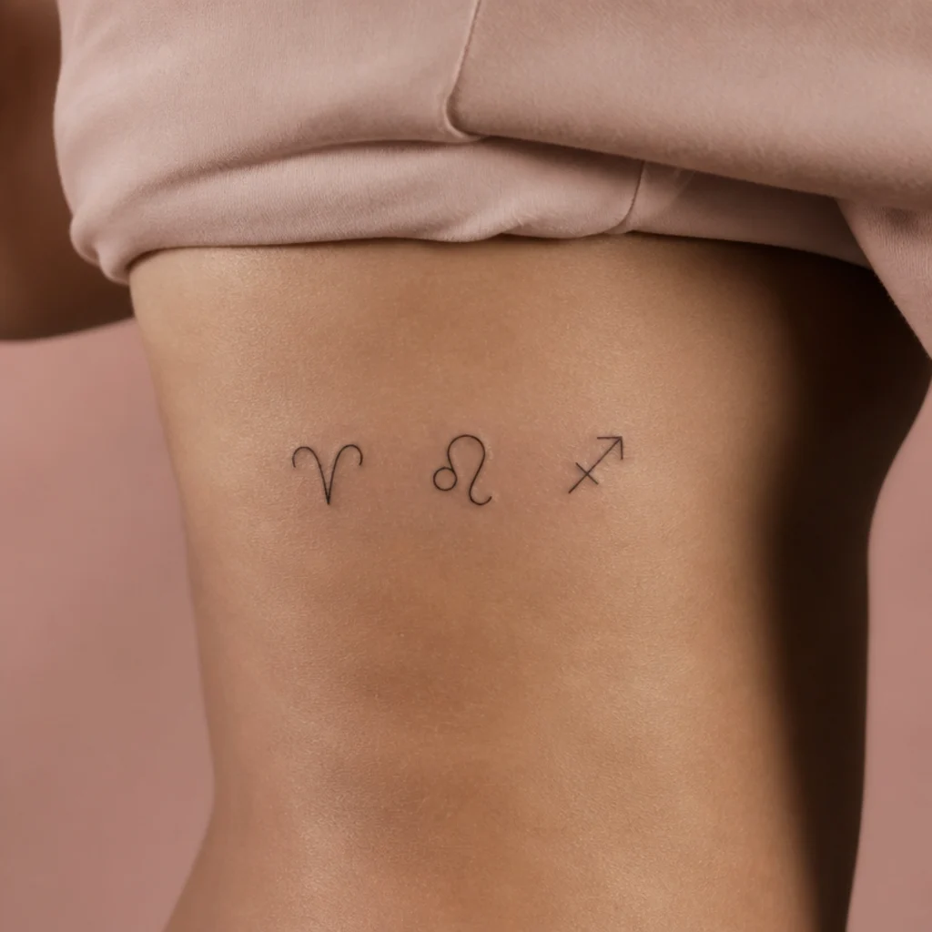 Three linked fire sign glyphs including Aries in a small row, fine black line tattoo on the ribs
