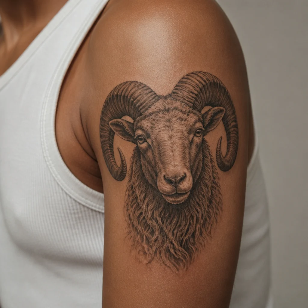 Photorealistic ram head tattoo in detailed black and gray with textured wool and dimensional horns on the upper arm