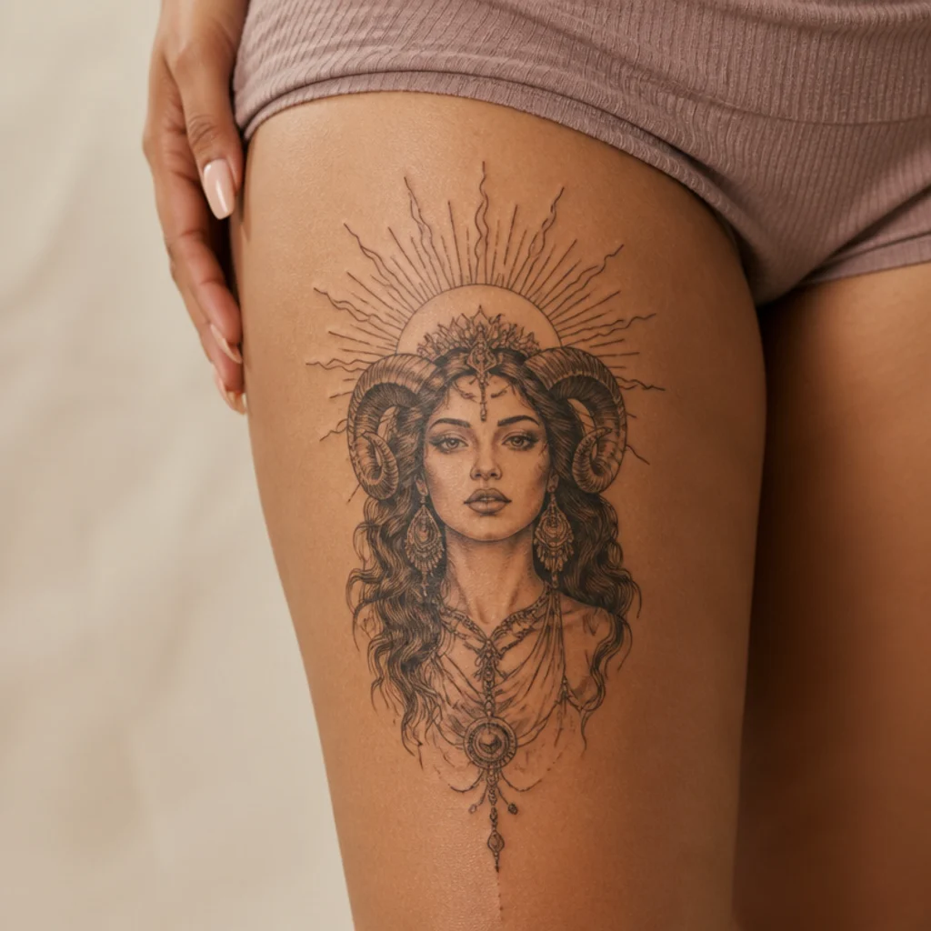 Aries goddess tattoo of a serene woman with ram horns framed by a radiant sun halo in black and gray on the thigh