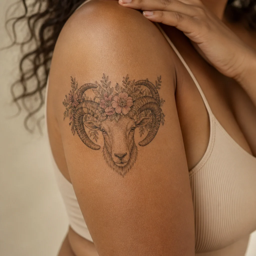 Ram head crowned with a wreath of flowers in fine-line and light color tattoo on the shoulder