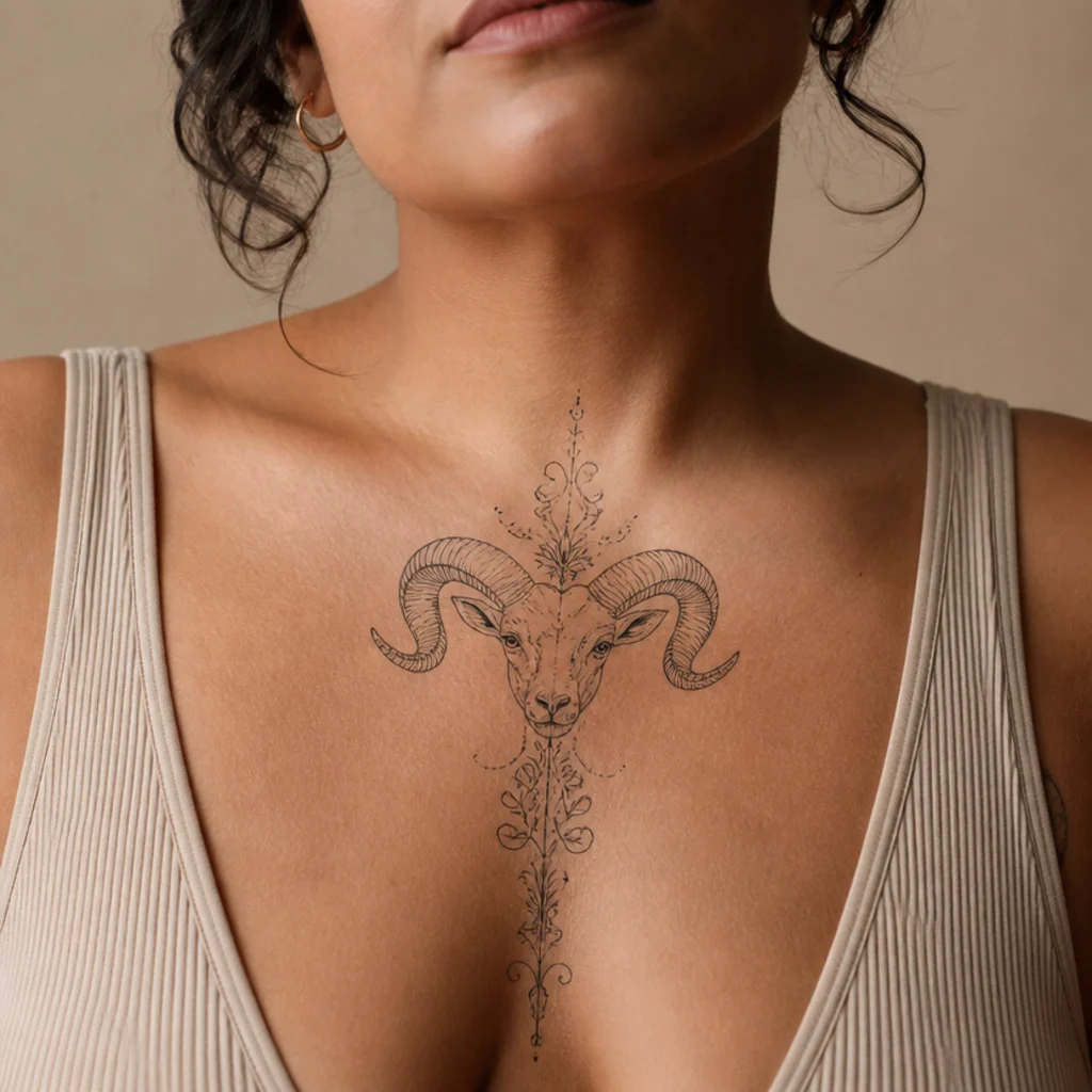 Symmetrical ram and horn tattoo centered on the sternum in fine ornamental linework, black ink